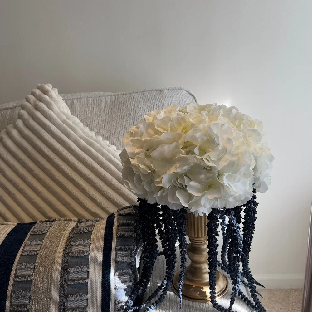 White Hydrangea and Blue Cascading Floral Centerpiece Arrangement in‎ Gold Urn